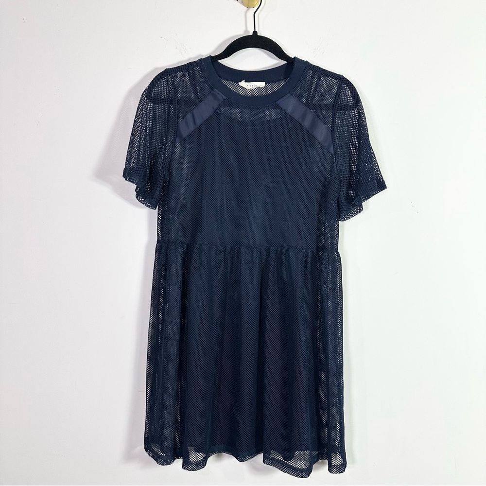 Elodie Navy Blue Mesh Overlay Babydoll Short Sleeve Dress